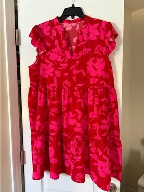 Bright Pink Floral V-Neck Tiered Mini Dress